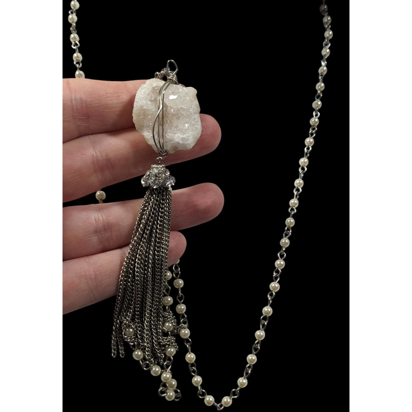 Handmade Druzy Quartz Pendant Tassel Necklace