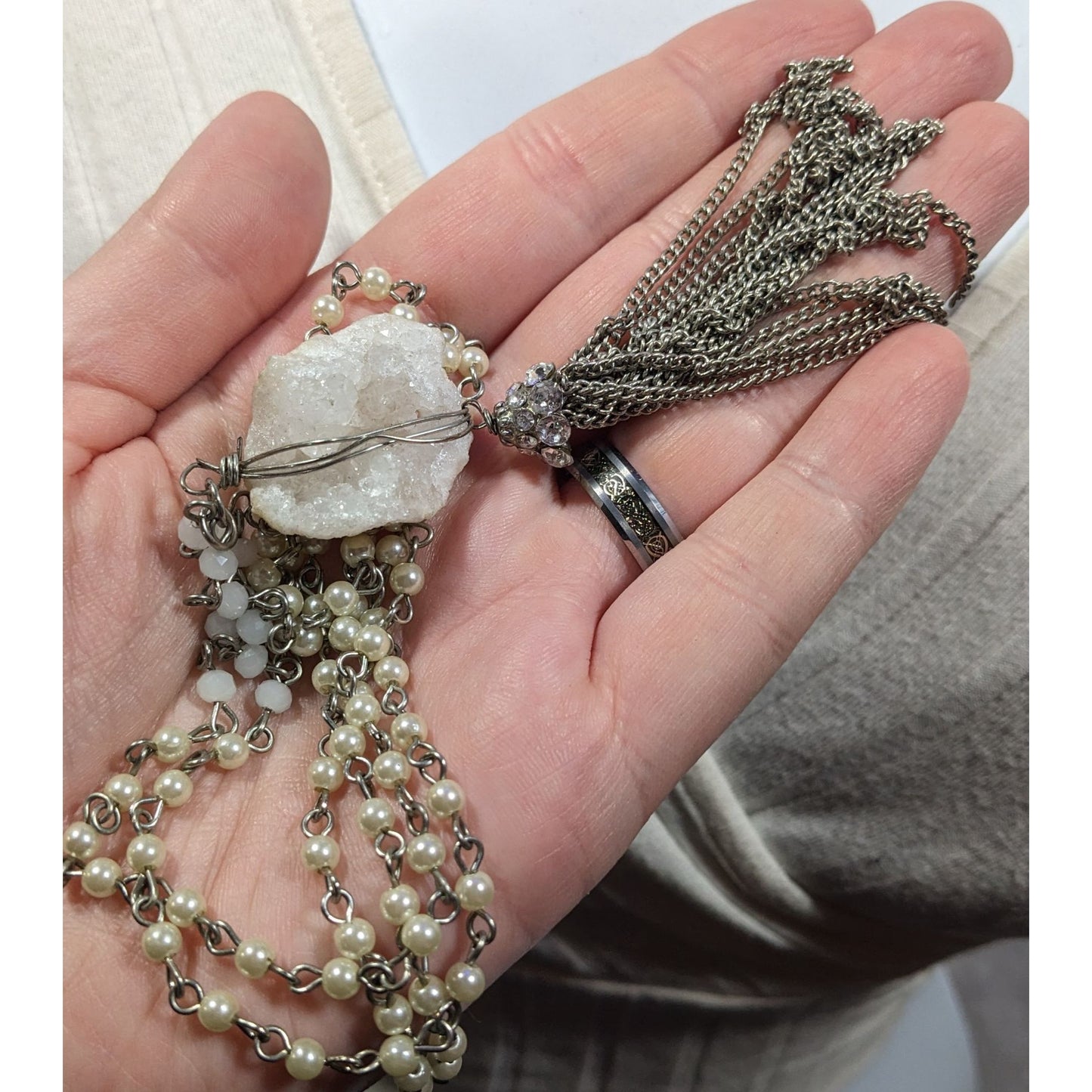 Handmade Druzy Quartz Pendant Tassel Necklace