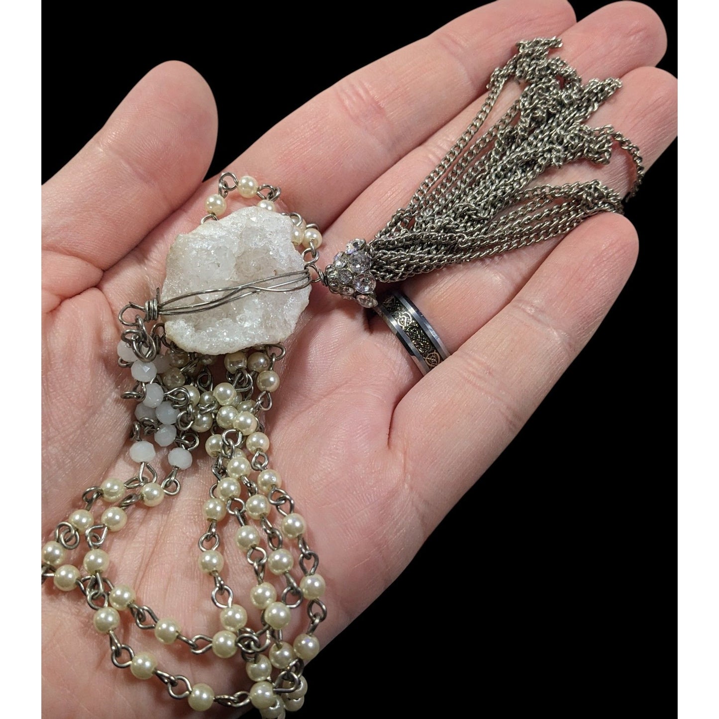 Handmade Druzy Quartz Pendant Tassel Necklace