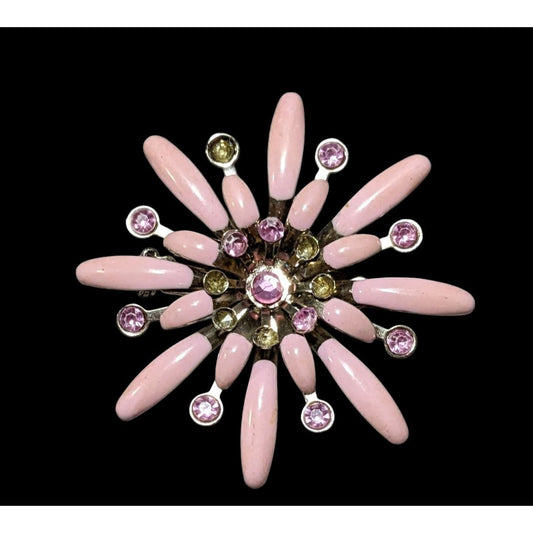 Vintage Pink Floral Sunburst Rhinestone Brooch