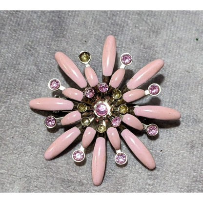 Vintage Pink Floral Sunburst Rhinestone Brooch