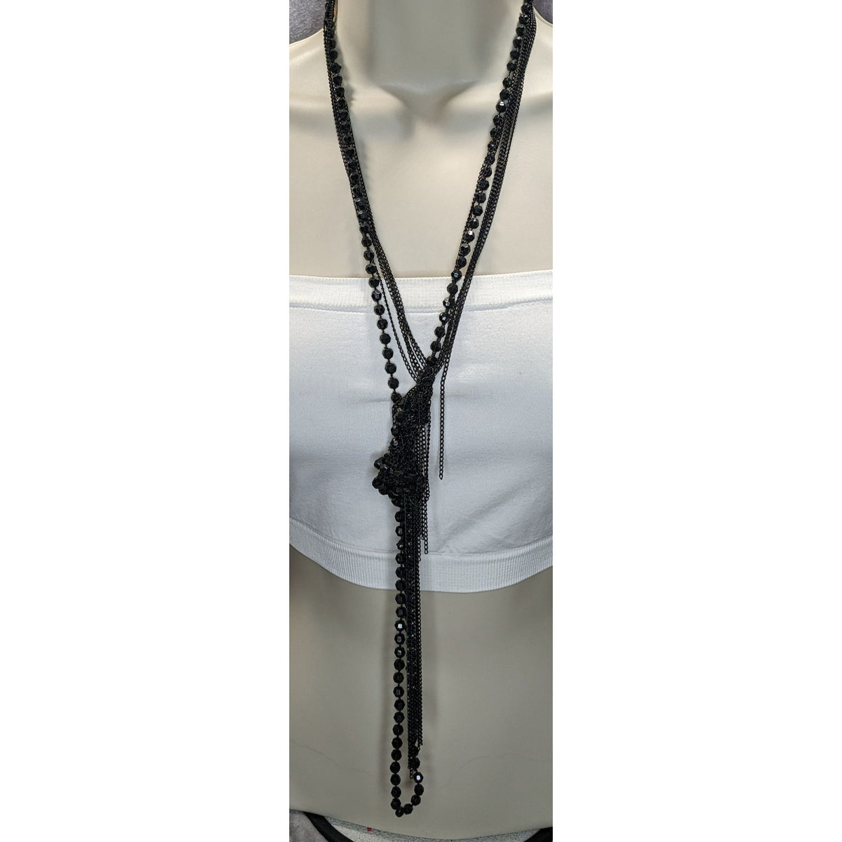 Gothic Punk Distressed Black Beaded Multi Strand Chain Fringe Necklace 24 Inch