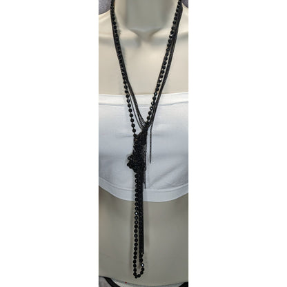 Gothic Punk Distressed Black Beaded Multi Strand Chain Fringe Necklace 24 Inch
