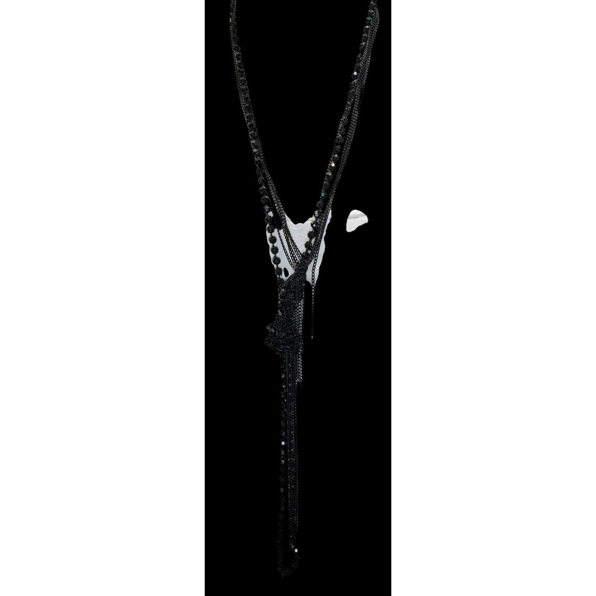 Gothic Punk Distressed Black Beaded Multi Strand Chain Fringe Necklace 24 Inch