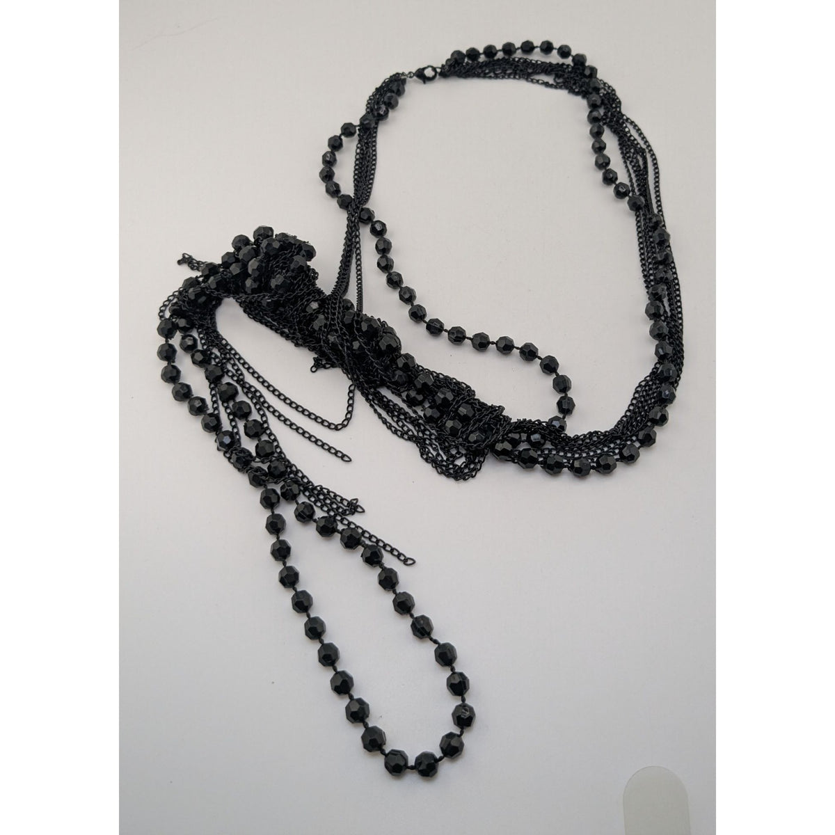 Gothic Punk Distressed Black Beaded Multi Strand Chain Fringe Necklace 24 Inch