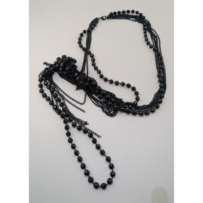 Gothic Punk Distressed Black Beaded Multi Strand Chain Fringe Necklace 24 Inch