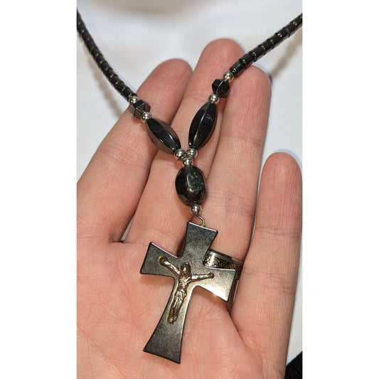 Gothic Hematite Cross Necklace With Crucifix Pendant