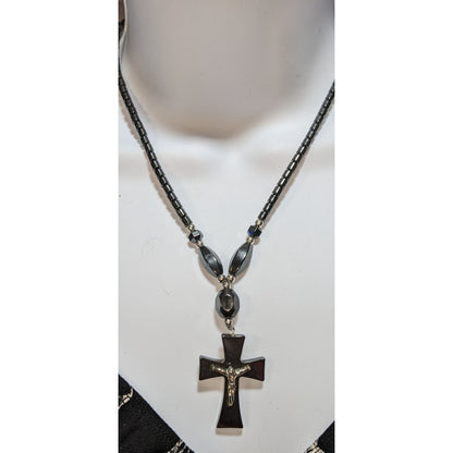 Gothic Hematite Cross Necklace With Crucifix Pendant