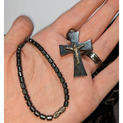 Gothic Hematite Cross Necklace With Crucifix Pendant
