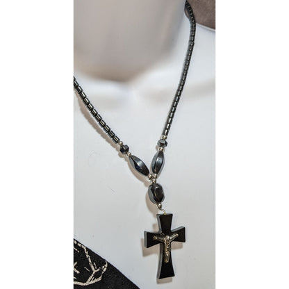 Gothic Hematite Cross Necklace With Crucifix Pendant