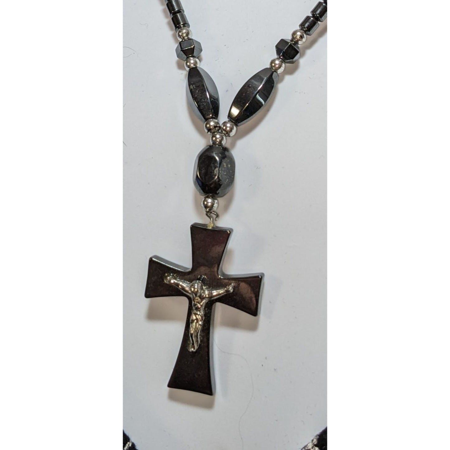 Gothic Hematite Cross Necklace With Crucifix Pendant