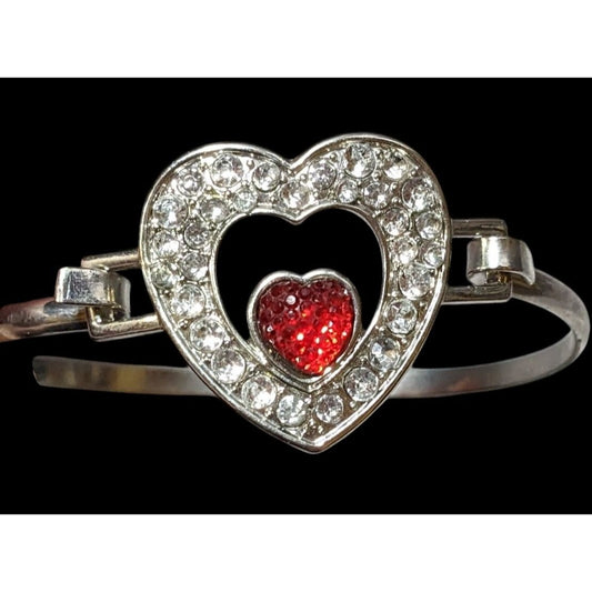 Silver And Red Gemmed Heart Bangle Bracelet