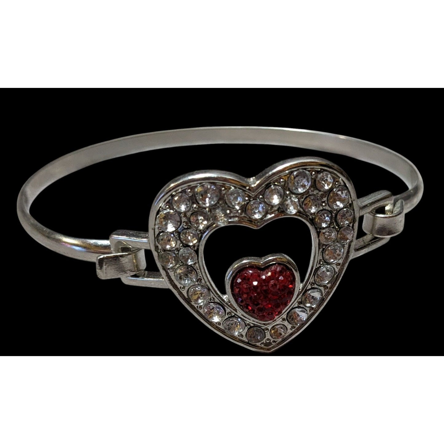 Silver And Red Gemmed Heart Bangle Bracelet