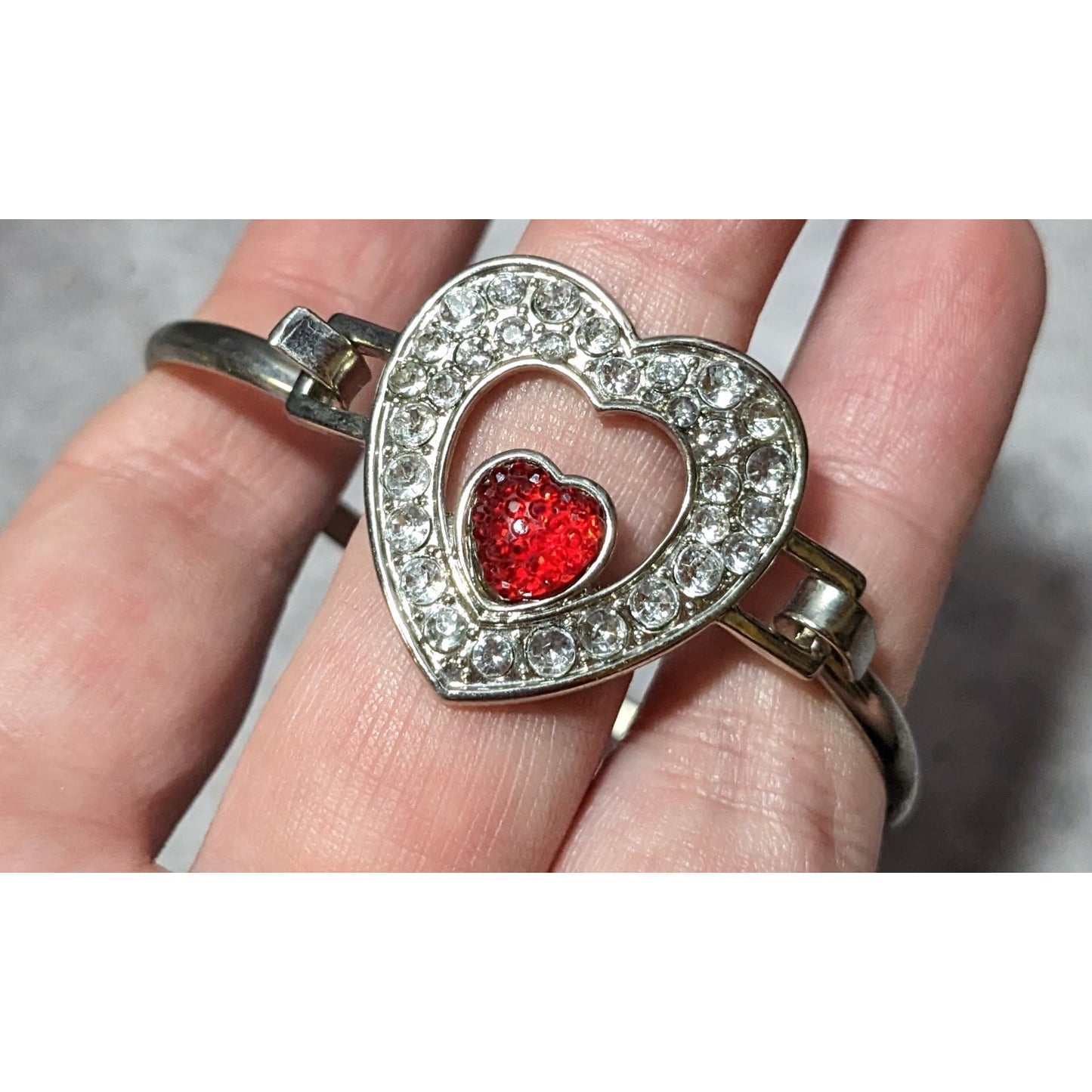 Silver And Red Gemmed Heart Bangle Bracelet