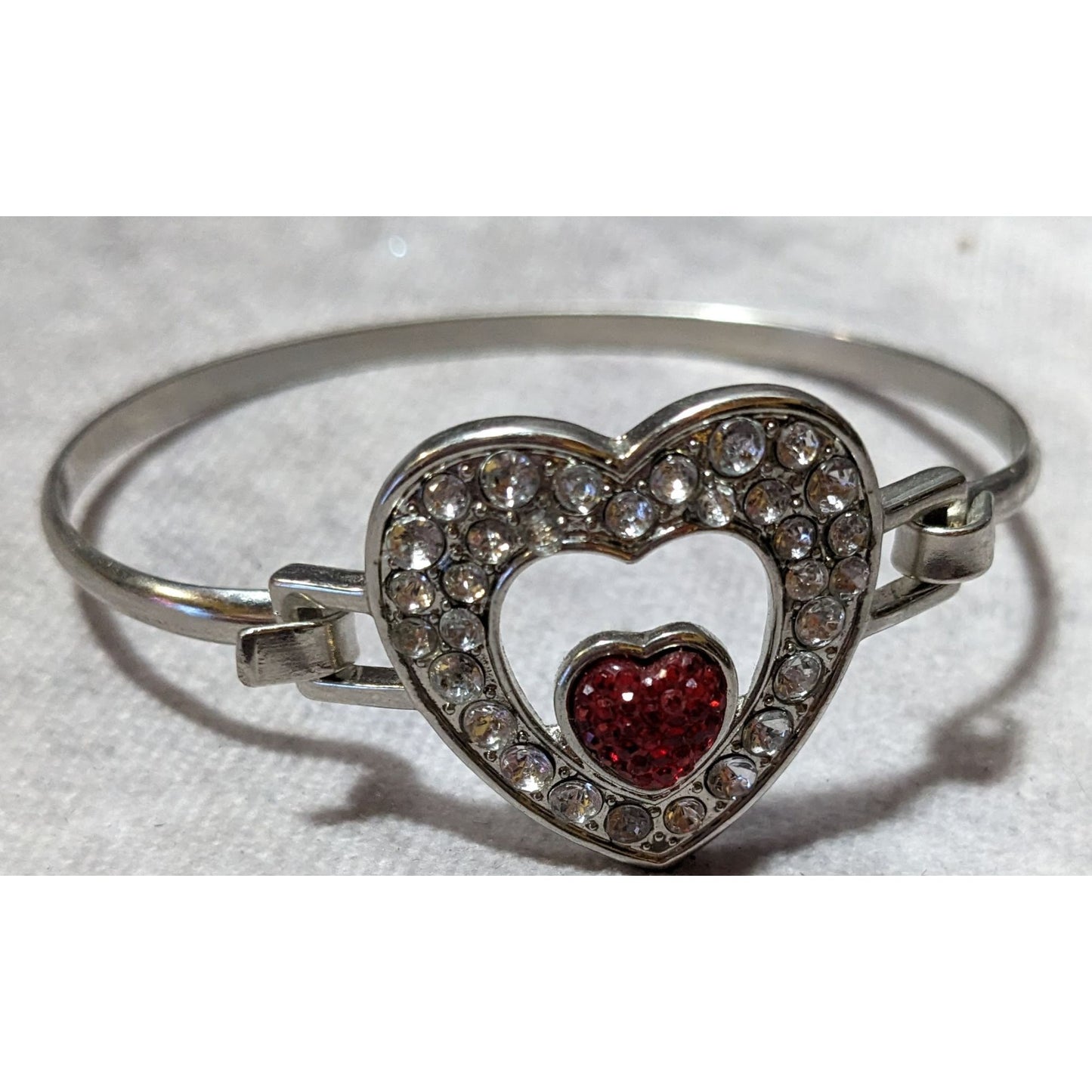 Silver And Red Gemmed Heart Bangle Bracelet