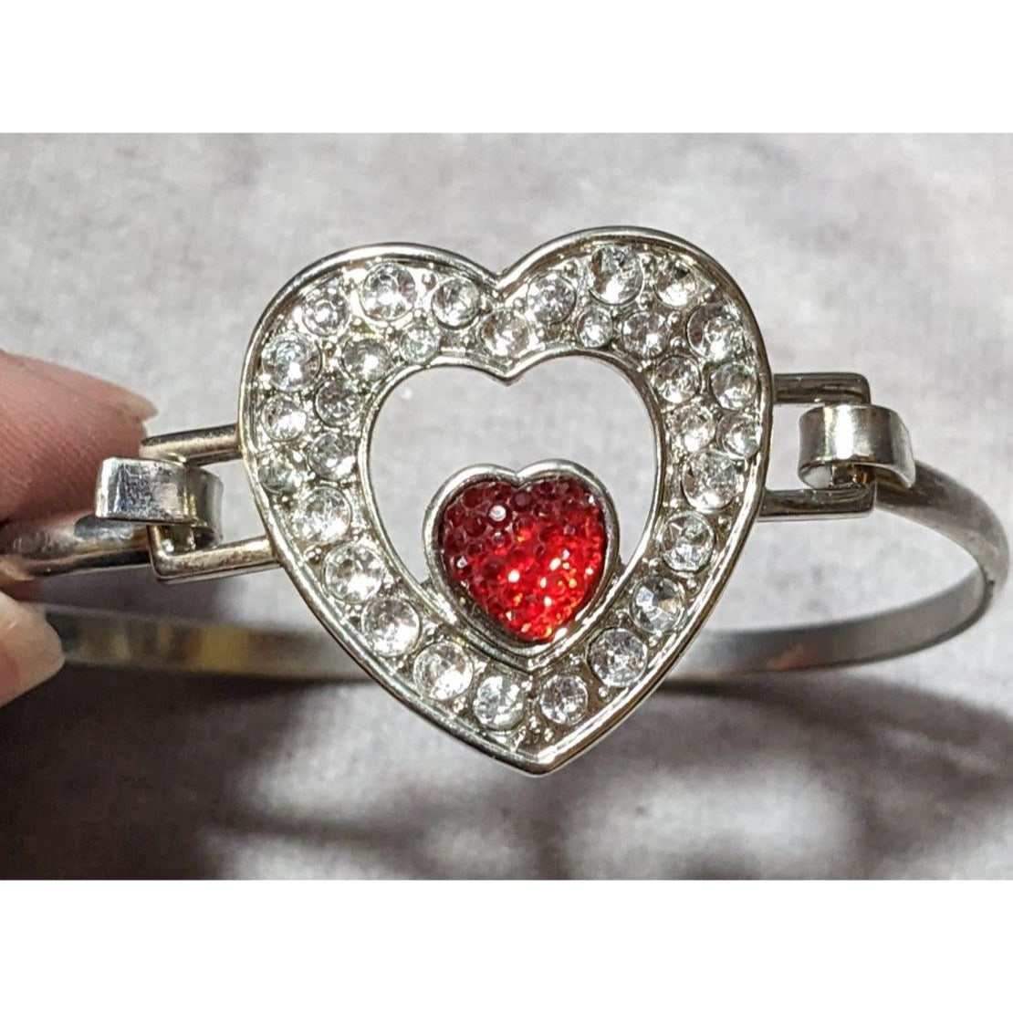 Silver And Red Gemmed Heart Bangle Bracelet