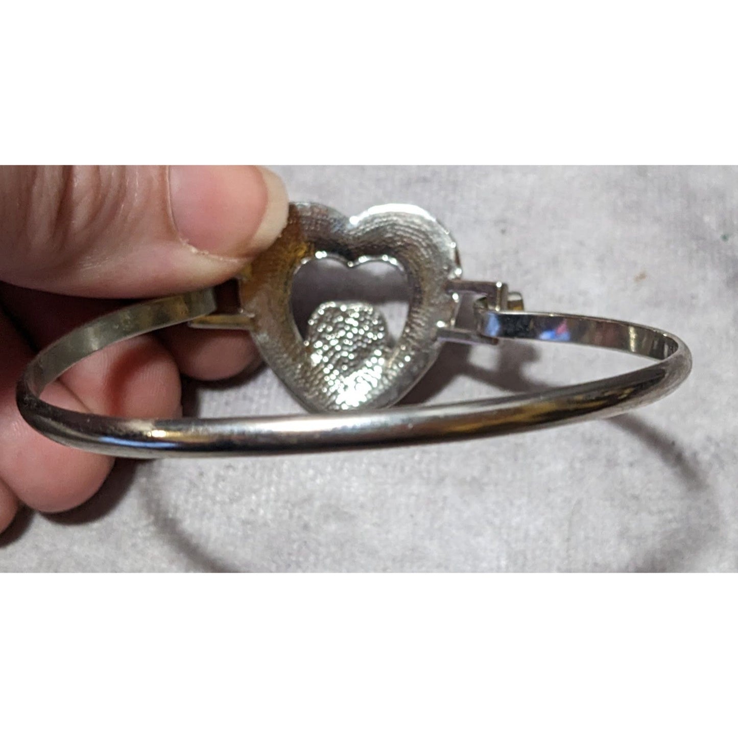 Silver And Red Gemmed Heart Bangle Bracelet