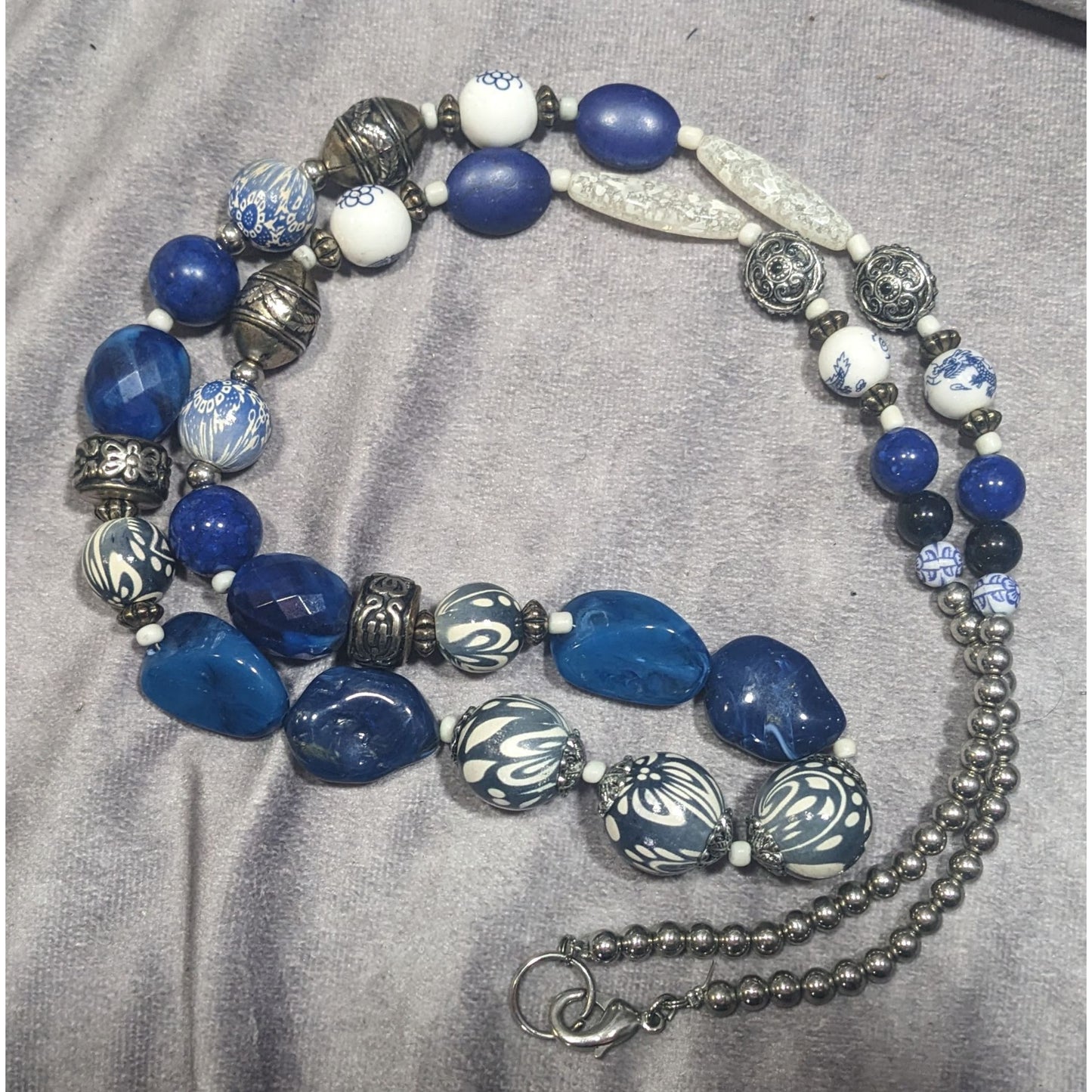 Vintage Blue And White Floral Mixed Media Beaded Necklace