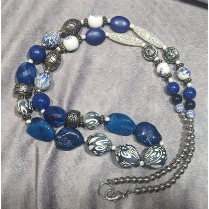 Vintage Blue And White Floral Mixed Media Beaded Necklace