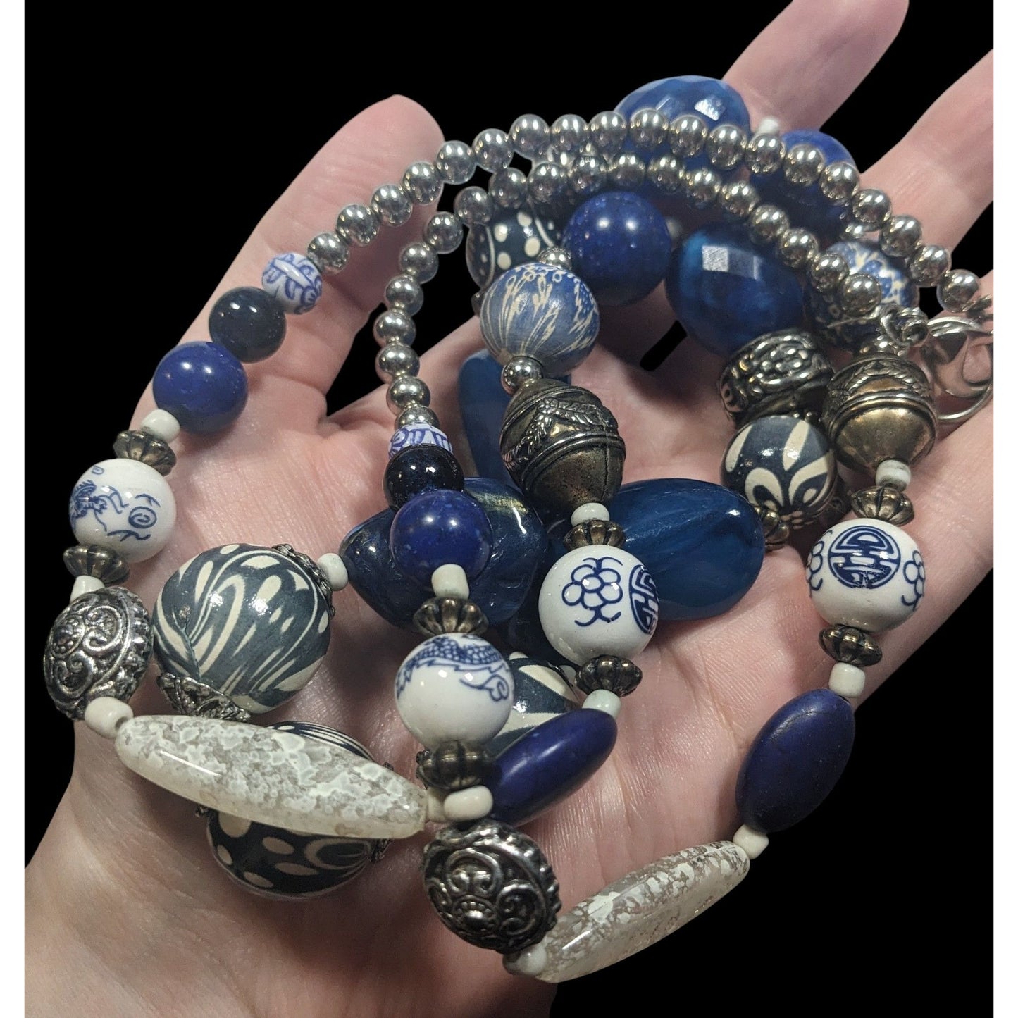 Vintage Blue And White Floral Mixed Media Beaded Necklace