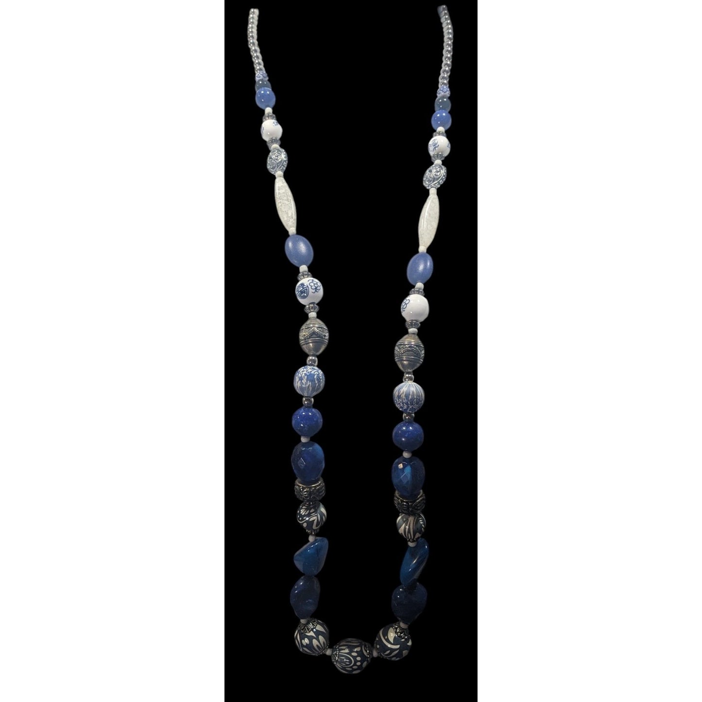 Vintage Blue And White Floral Mixed Media Beaded Necklace