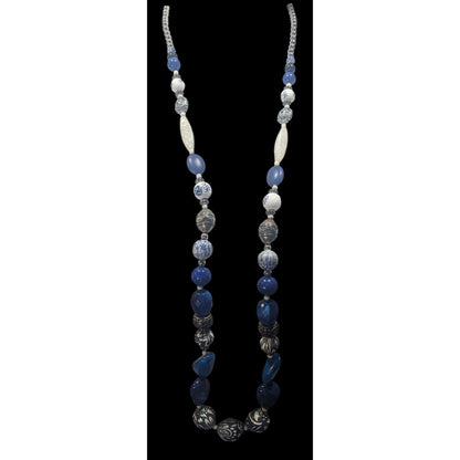 Vintage Blue And White Floral Mixed Media Beaded Necklace