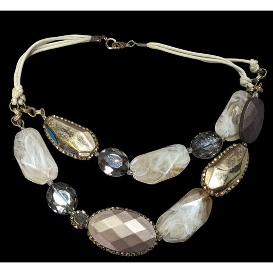 Anthropologie Chunky Statement Necklace With Gold Brown & Cream Beads On Adjustable Cord