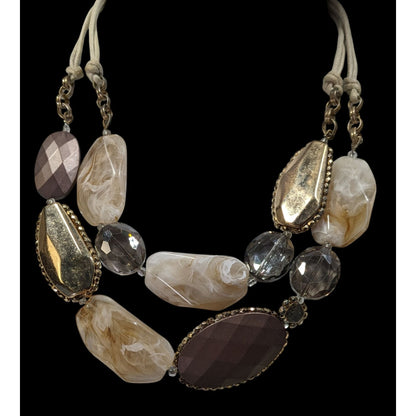 Anthropologie Chunky Statement Necklace With Gold Brown & Cream Beads On Adjustable Cord