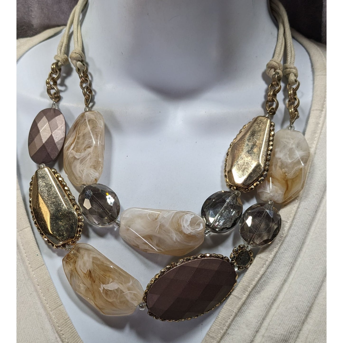 Anthropologie Chunky Statement Necklace With Gold Brown & Cream Beads On Adjustable Cord