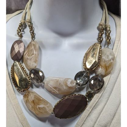 Anthropologie Chunky Statement Necklace With Gold Brown & Cream Beads On Adjustable Cord