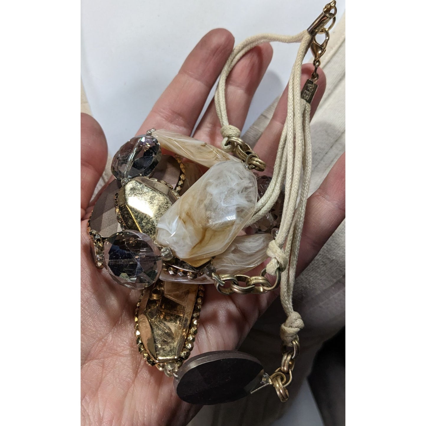 Anthropologie Chunky Statement Necklace With Gold Brown & Cream Beads On Adjustable Cord