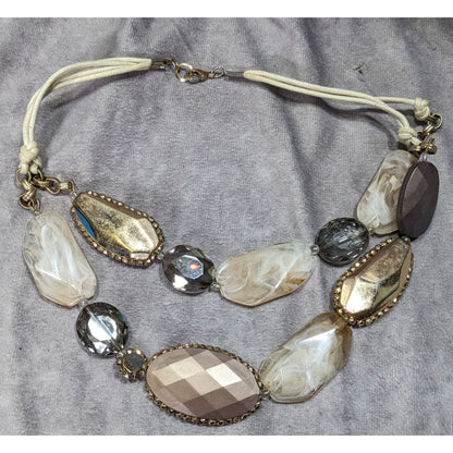 Anthropologie Chunky Statement Necklace With Gold Brown & Cream Beads On Adjustable Cord