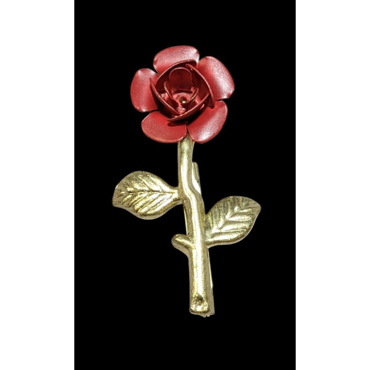 Vintage Red And Gold Metal Floral Metal Rose Brooch