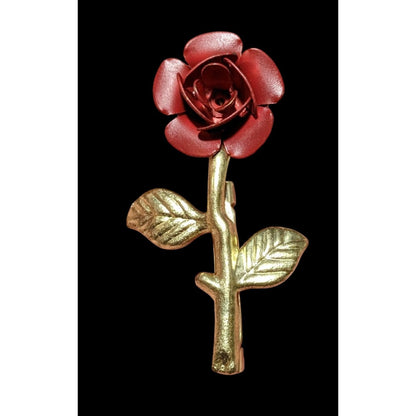 Vintage Red And Gold Metal Floral Metal Rose Brooch