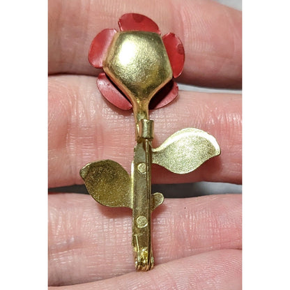 Vintage Red And Gold Metal Floral Metal Rose Brooch