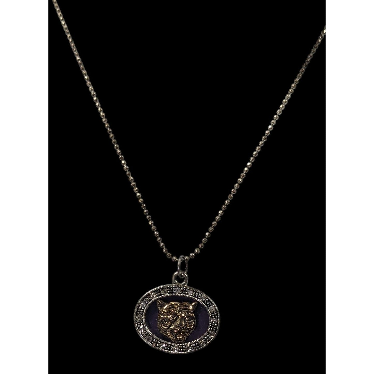 Metallic Purple Silver And Gold Tone Tiger Face Pendant Necklace