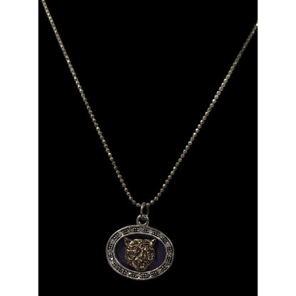 Metallic Purple Silver And Gold Tone Tiger Face Pendant Necklace