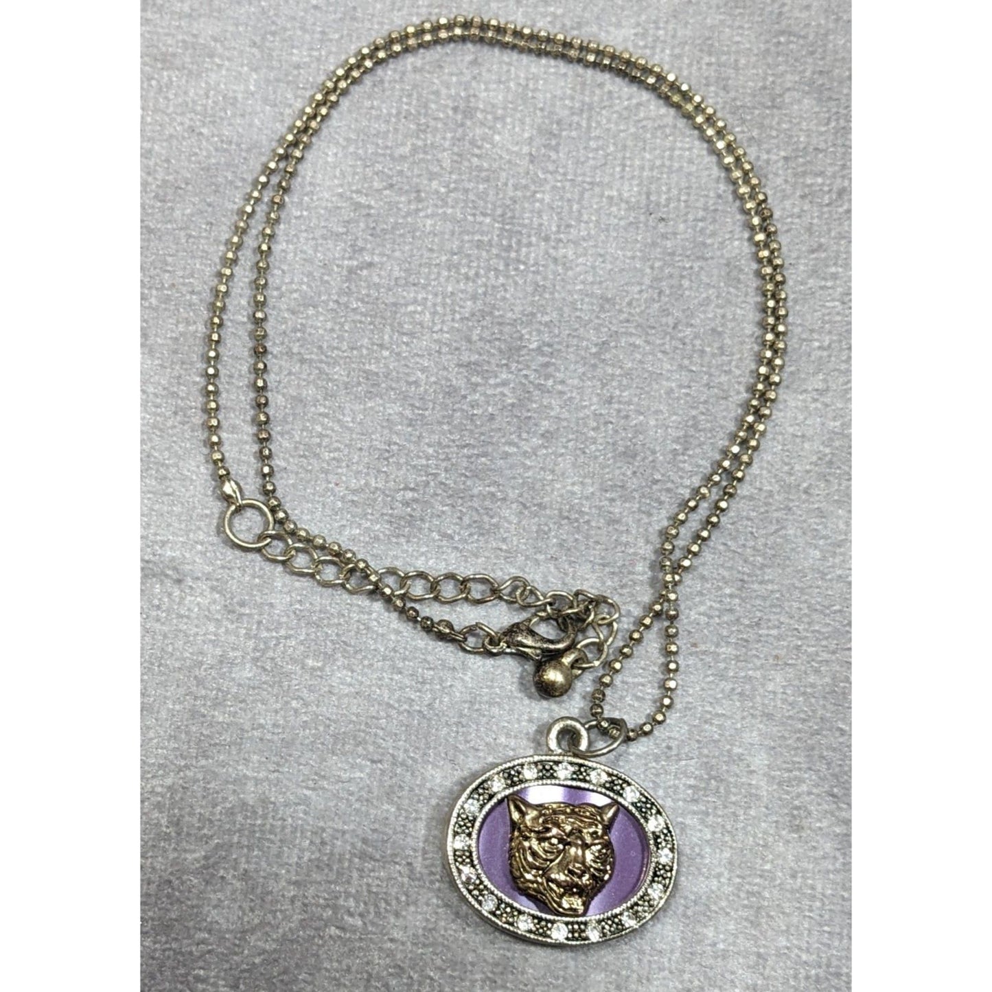 Metallic Purple Silver And Gold Tone Tiger Face Pendant Necklace