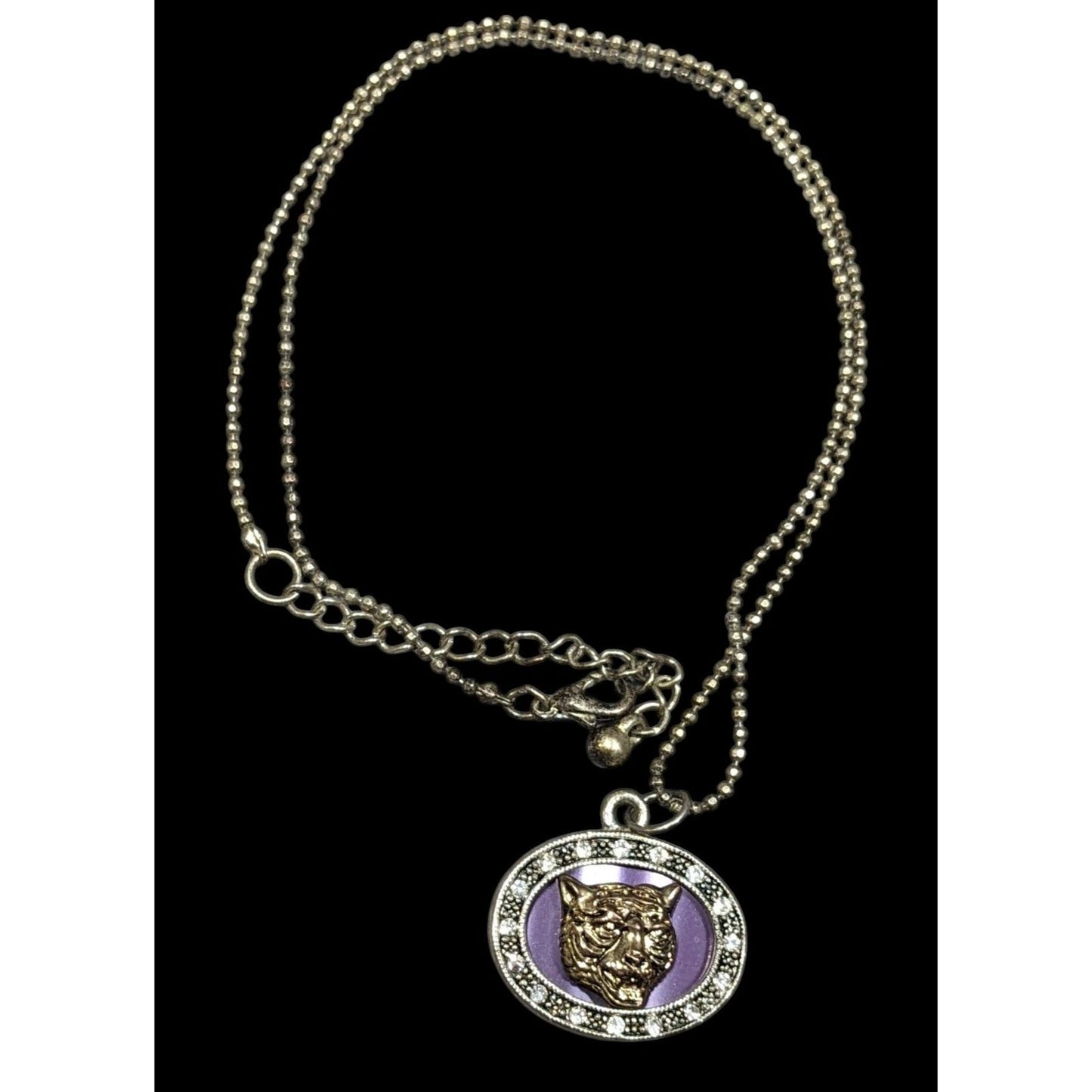 Metallic Purple Silver And Gold Tone Tiger Face Pendant Necklace