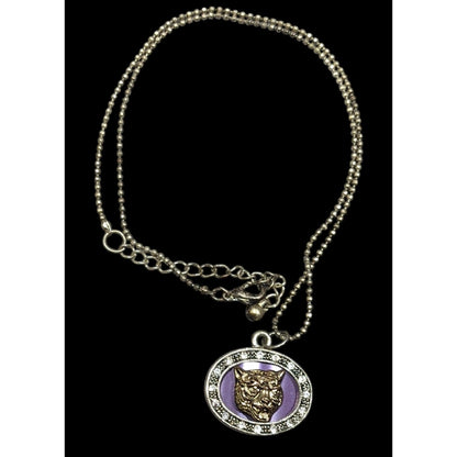 Metallic Purple Silver And Gold Tone Tiger Face Pendant Necklace