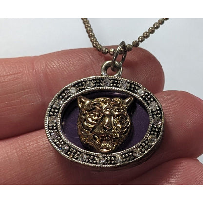 Metallic Purple Silver And Gold Tone Tiger Face Pendant Necklace