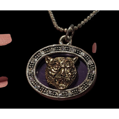 Metallic Purple Silver And Gold Tone Tiger Face Pendant Necklace
