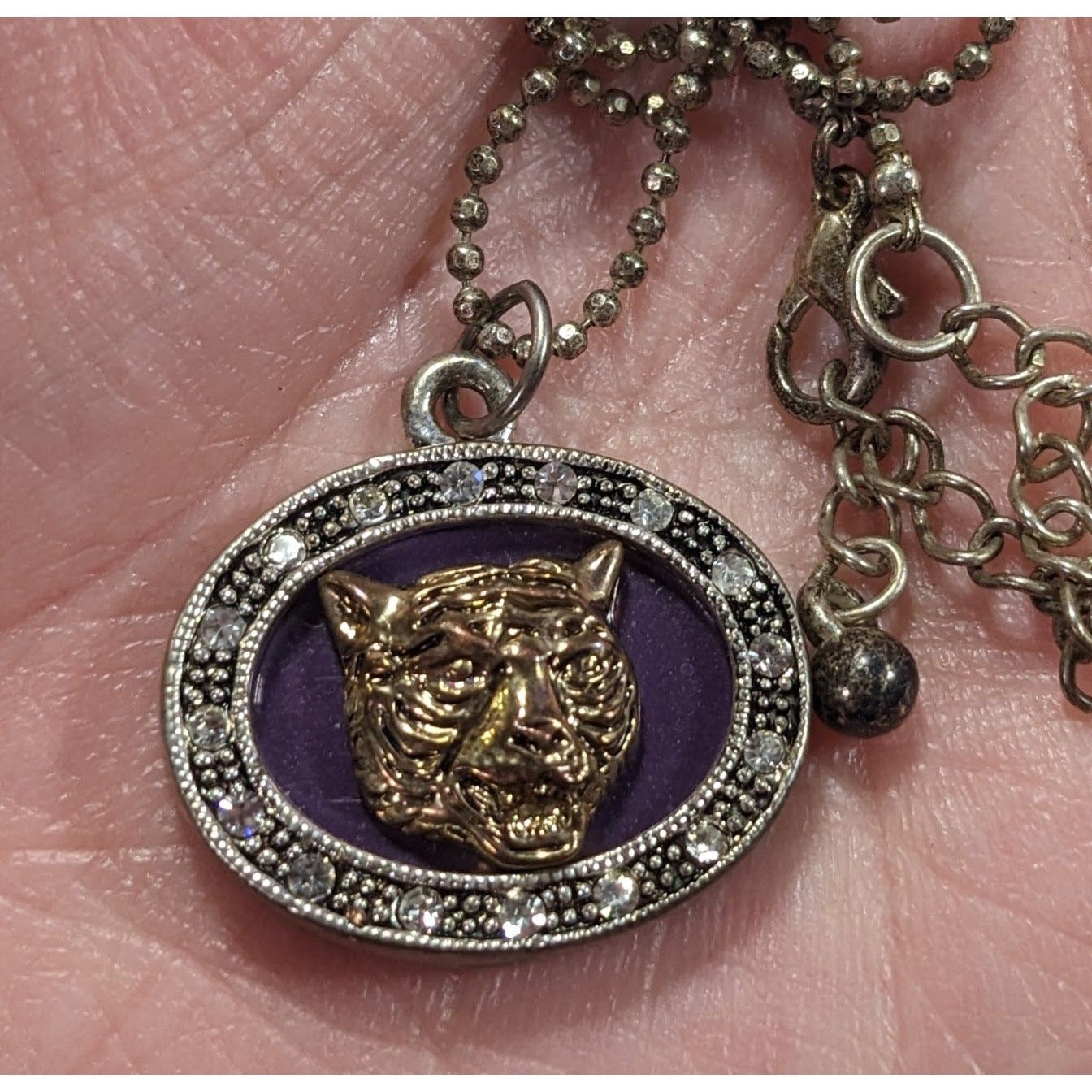 Metallic Purple Silver And Gold Tone Tiger Face Pendant Necklace