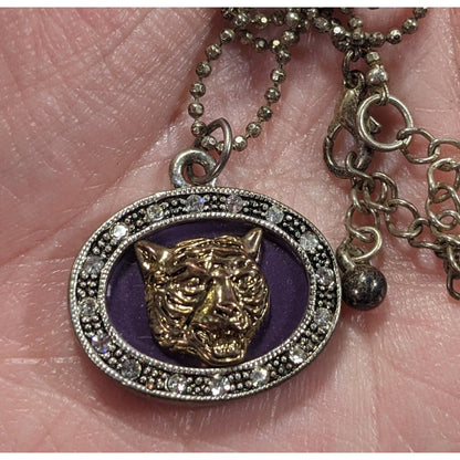 Metallic Purple Silver And Gold Tone Tiger Face Pendant Necklace