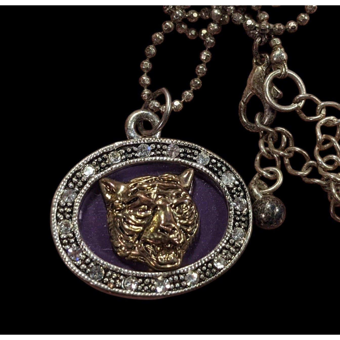 Metallic Purple Silver And Gold Tone Tiger Face Pendant Necklace