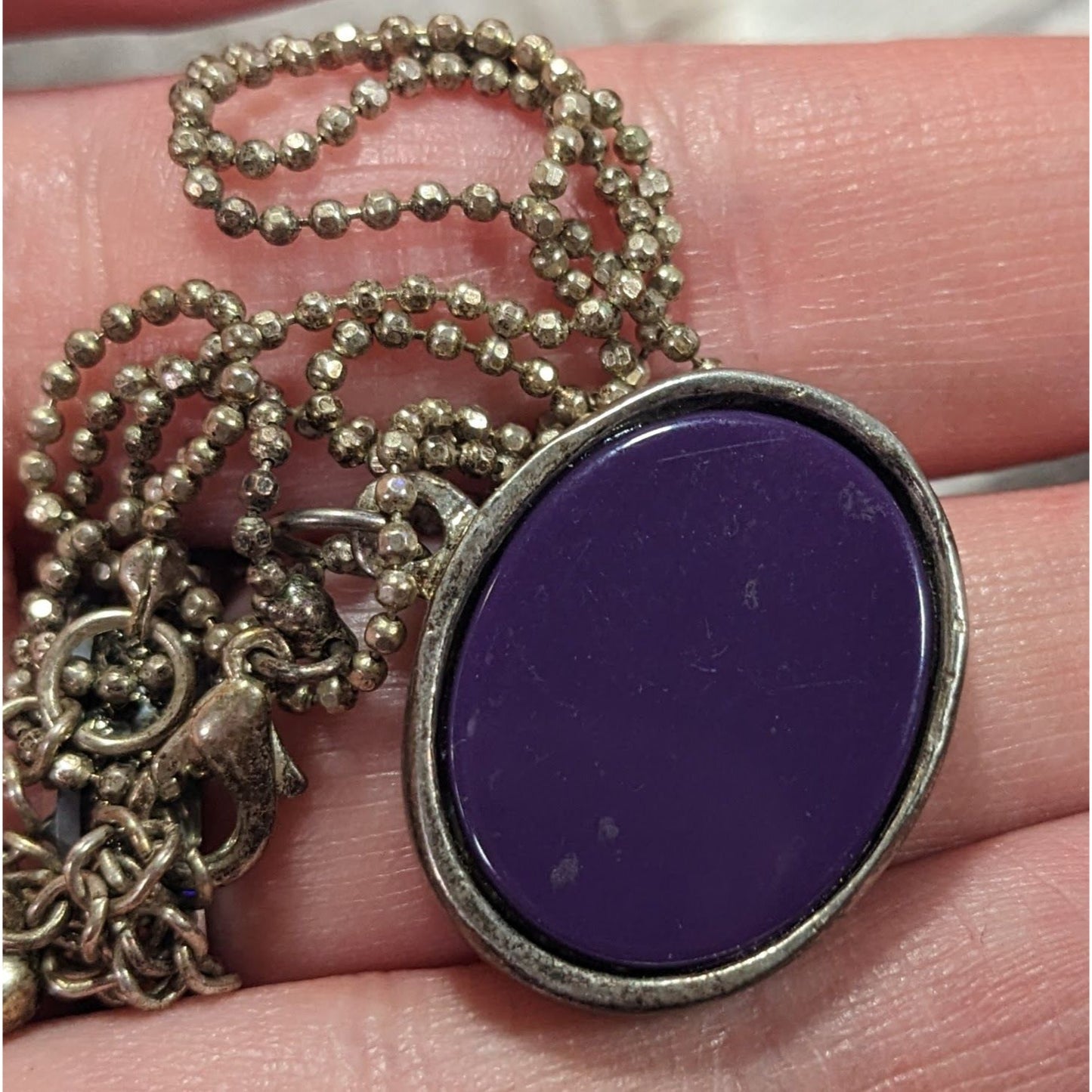 Metallic Purple Silver And Gold Tone Tiger Face Pendant Necklace