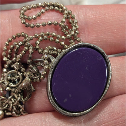 Metallic Purple Silver And Gold Tone Tiger Face Pendant Necklace
