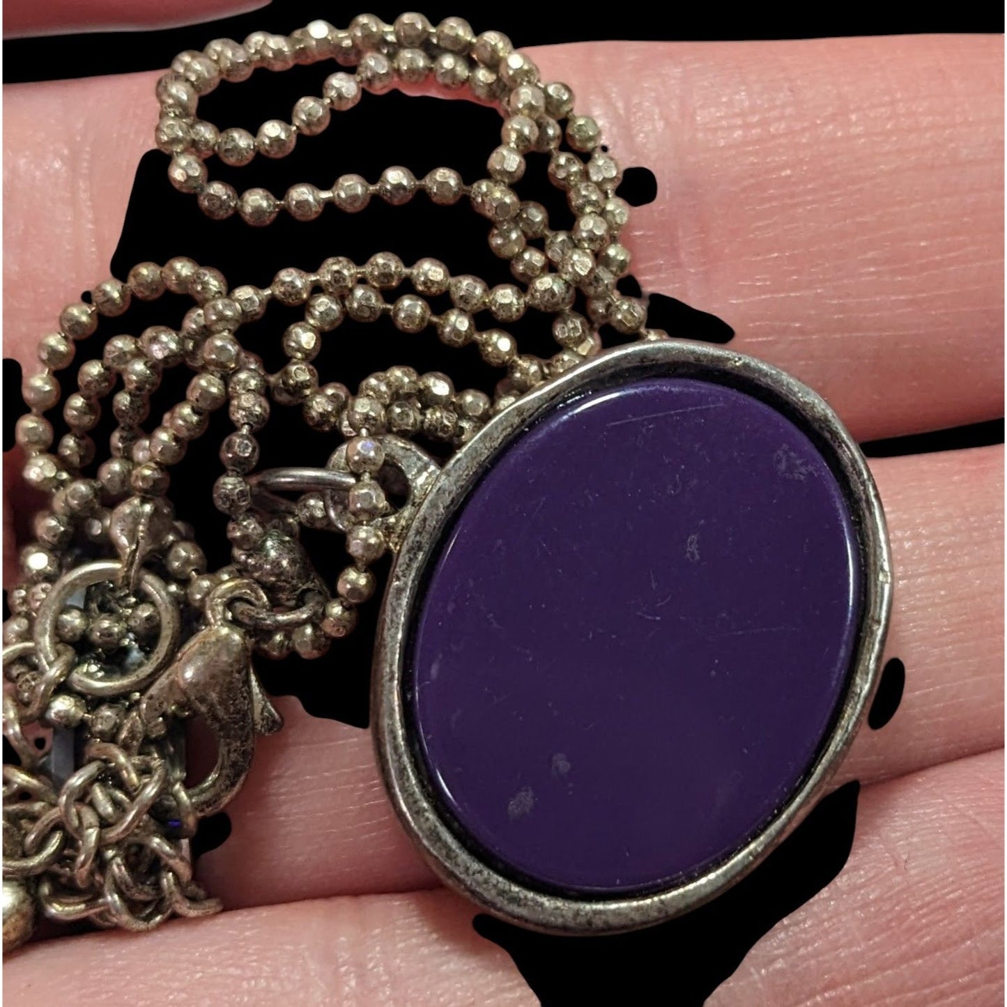 Metallic Purple Silver And Gold Tone Tiger Face Pendant Necklace