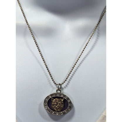 Metallic Purple Silver And Gold Tone Tiger Face Pendant Necklace
