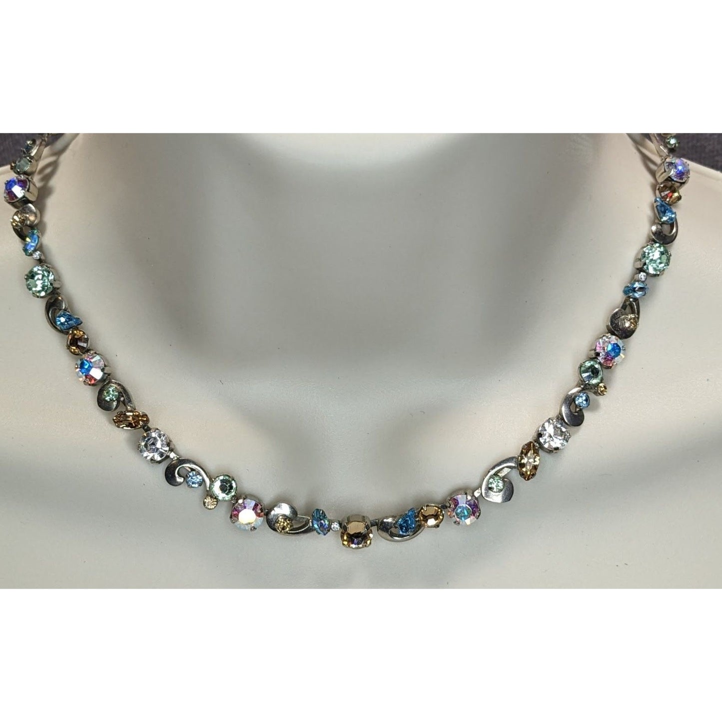 Vintage Sorrelli Rhinestone Necklace Rainbow Silver Regal Fantasy Statement